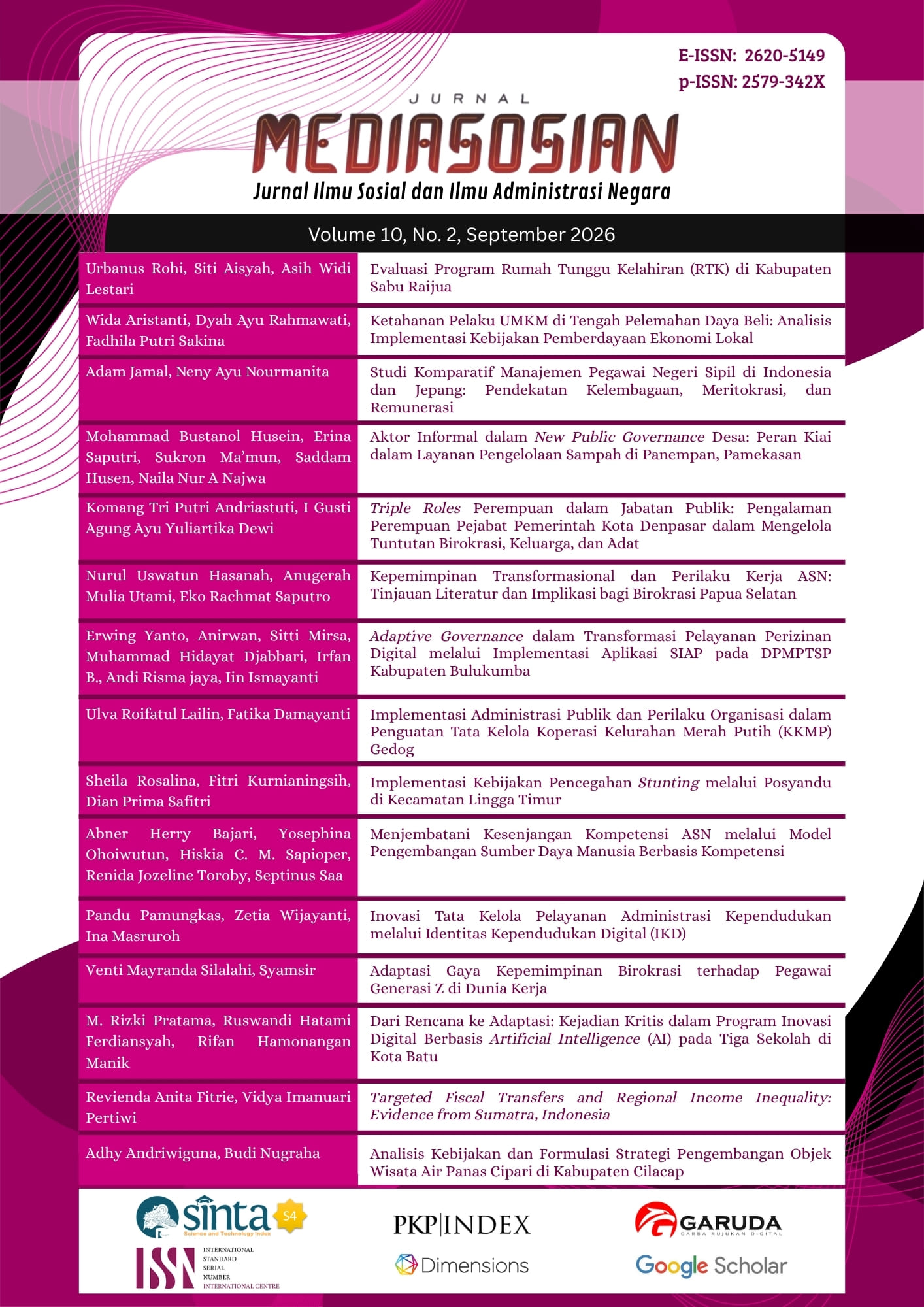 Cover Jurnal Mediasosian : Jurnal Ilmu Sosial dan Administrasi Negara